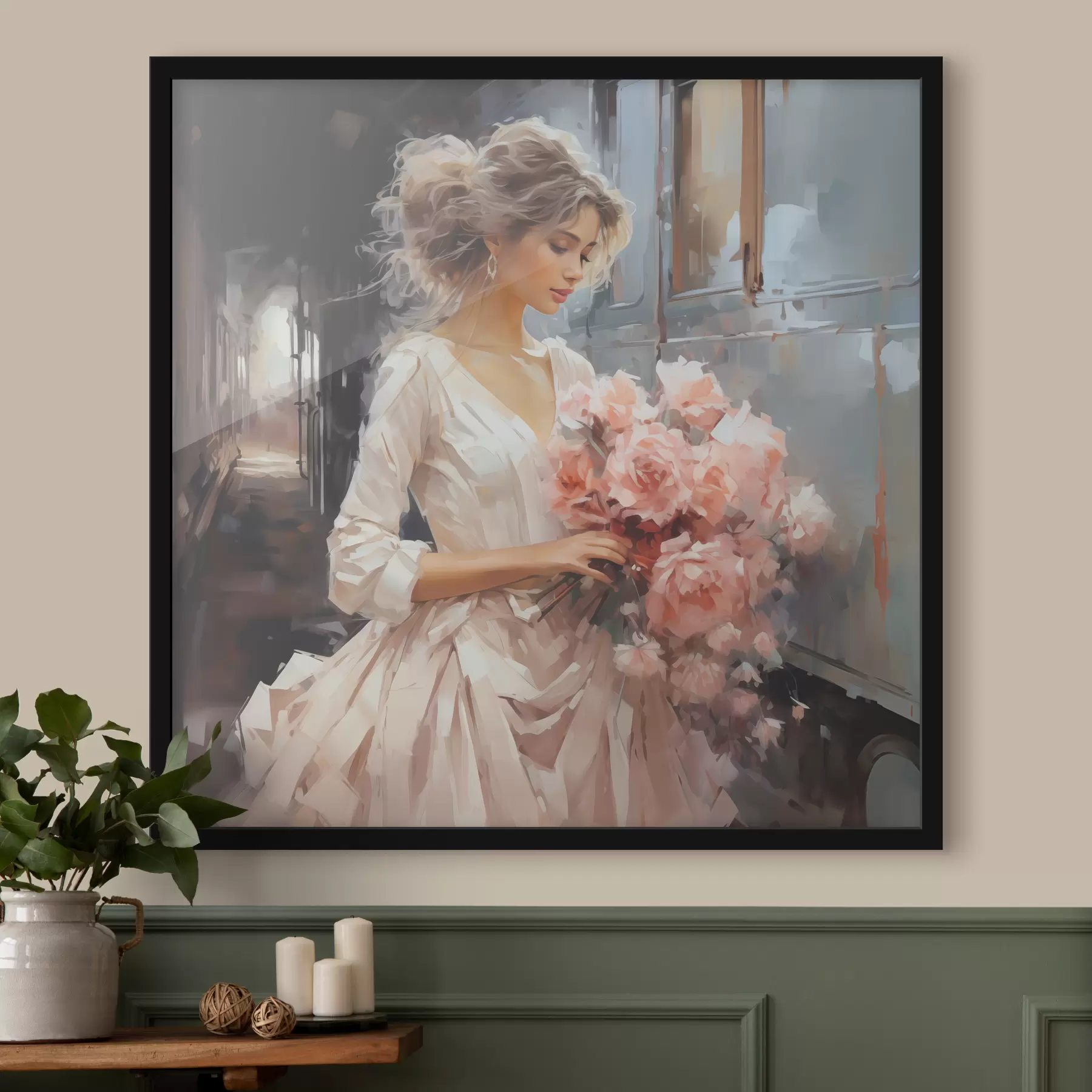 Fotobehang Een meisje in een witte jurk op het station houdt een boeket roze rozen in haar handen, olieverfschilderij f39438
