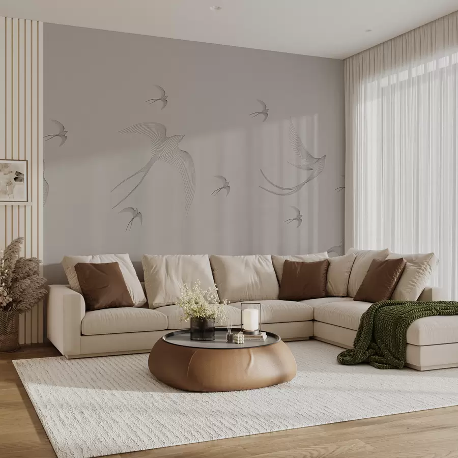 Fotobehang Lineaire zwaluwen op een grijsroze achtergrond w01264v2