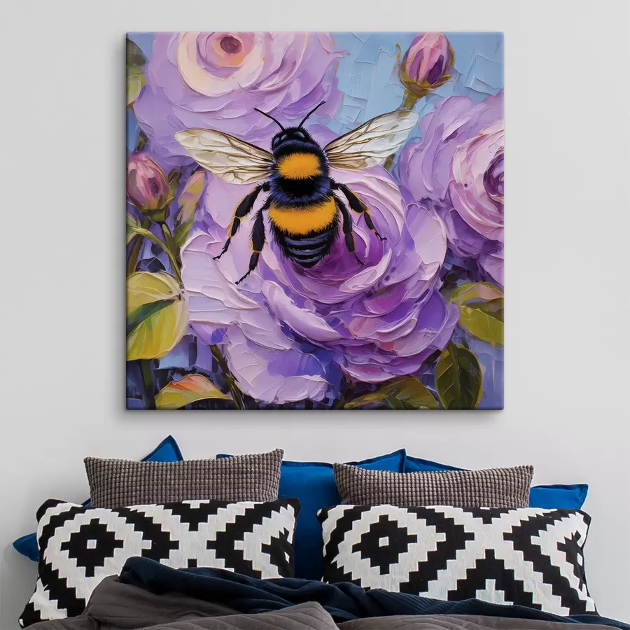  Peintures Abeille sur les pivoines roses, fleurs d'été colorées, peinture à l'huile, coups de pinceau vifs s39411