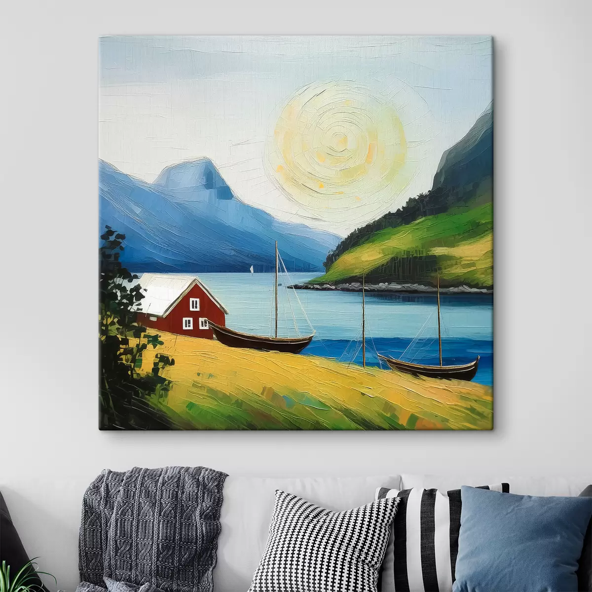  Peintures Été nordique, petite maison au bord de la mer, soleil dans le ciel bleu, montagnes s39423