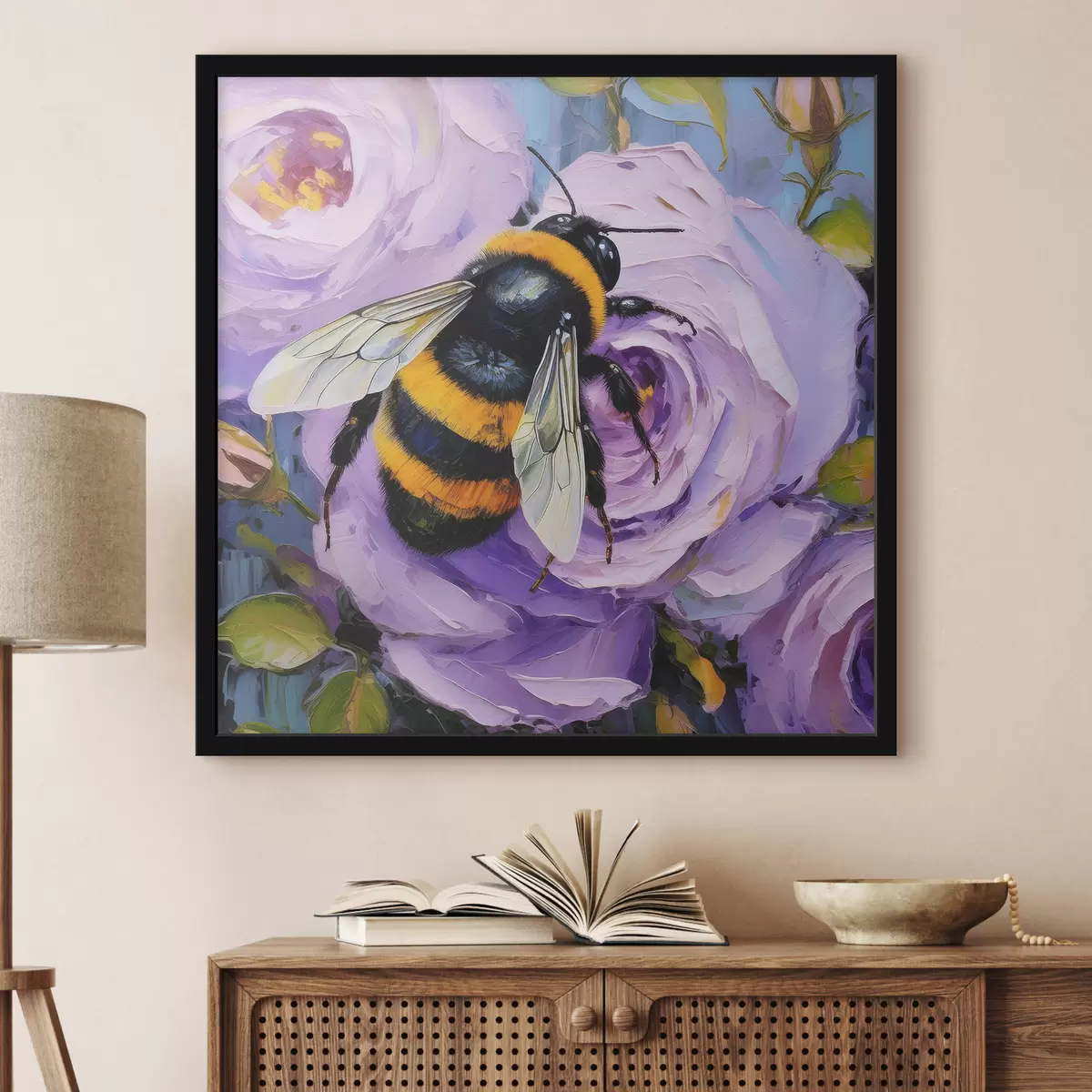 Affiche Abeille sur pivoines roses, fleurs d'été, peinture à l'huile, coups de pinceau vifs f39410