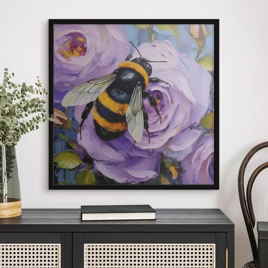 Papier peint photo Abeille sur pivoines roses, fleurs d'été, peinture à l'huile, coups de pinceau vifs f39410