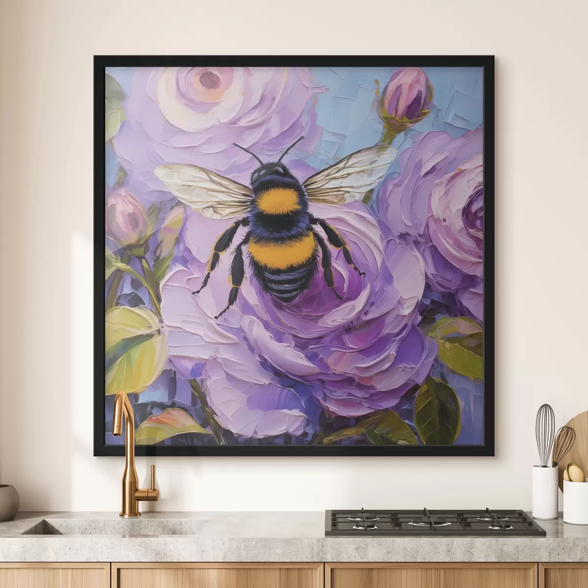 Affiche Abeille sur pivoines roses, fleurs d'été colorées, peinture à l'huile, coups de pinceau vifs f39411