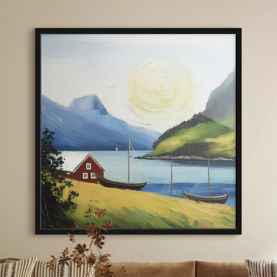 Fotobehang Scandinavische zomer, klein huis aan de zeekust, zon in de blauwe lucht, bergen f39423