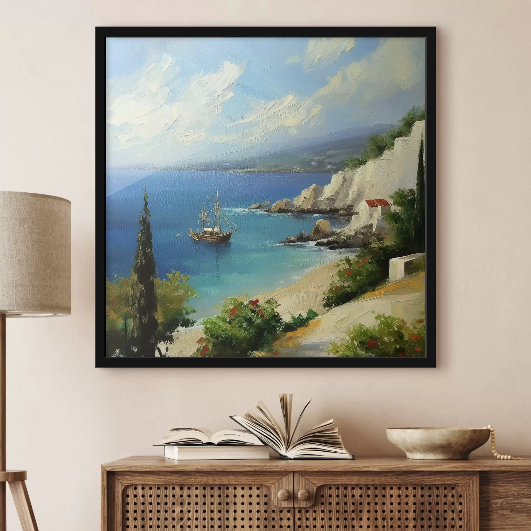 Fotobehang Zeekust van Griekenland, schip, blauw water, olieverfschilderij, zomernatuur, rotsen, levendige penseelstreken f39425