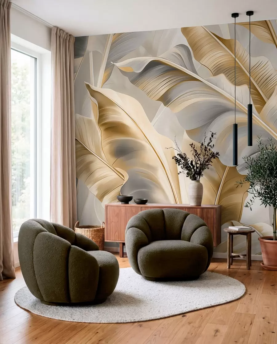 Fotobehang luxe grote bananenbladeren in grijsbeige tinten w07876