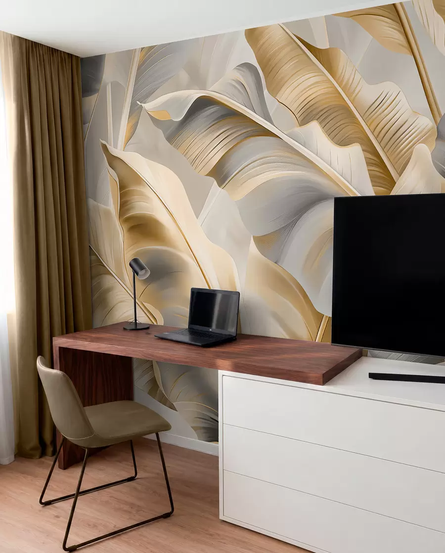 Fotobehang luxe grote bananenbladeren in grijsbeige tinten w07876