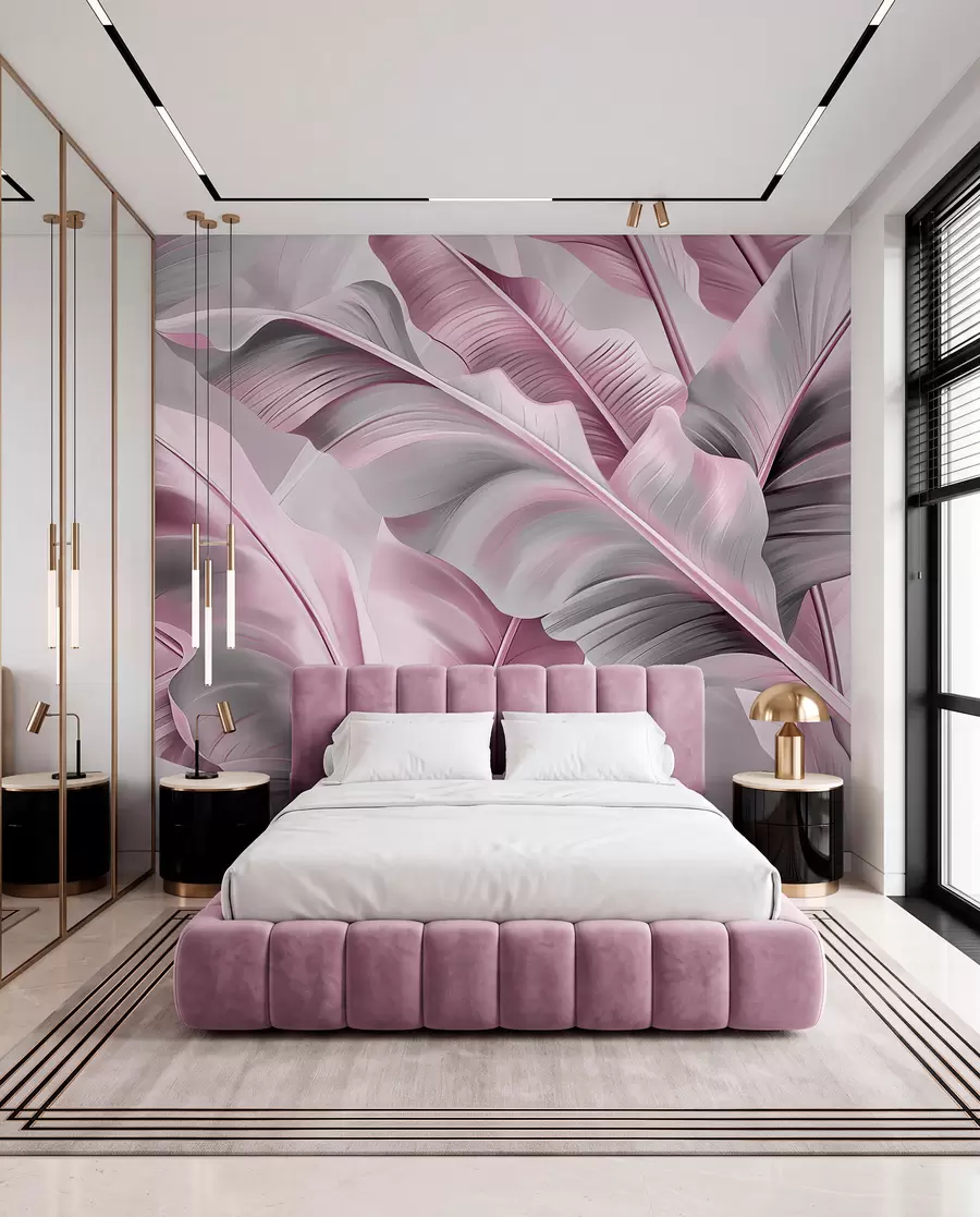 Papier peint photo grandes feuilles de bananier luxueuses dans des tons gris rosé w07876v2
