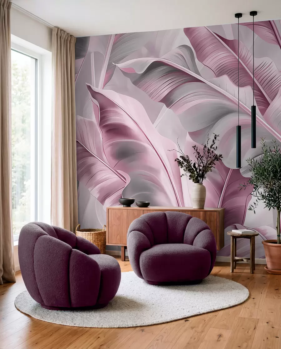 Fotobehang luxe grote bananenbladeren in roze-grijze tinten w07876v2