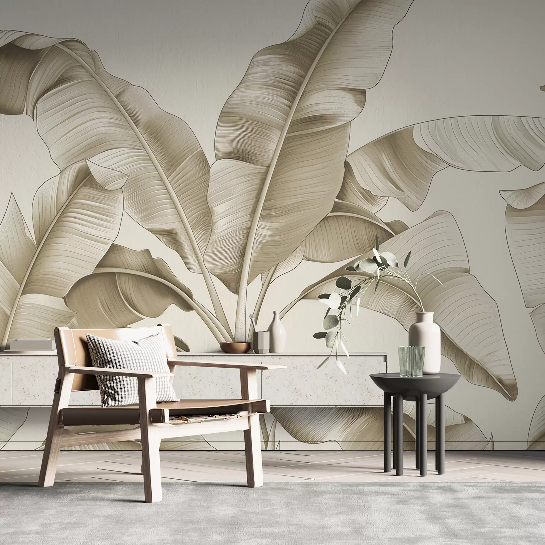 Fotobehang getekende grote bananenbladeren in beige kleur w07877v3