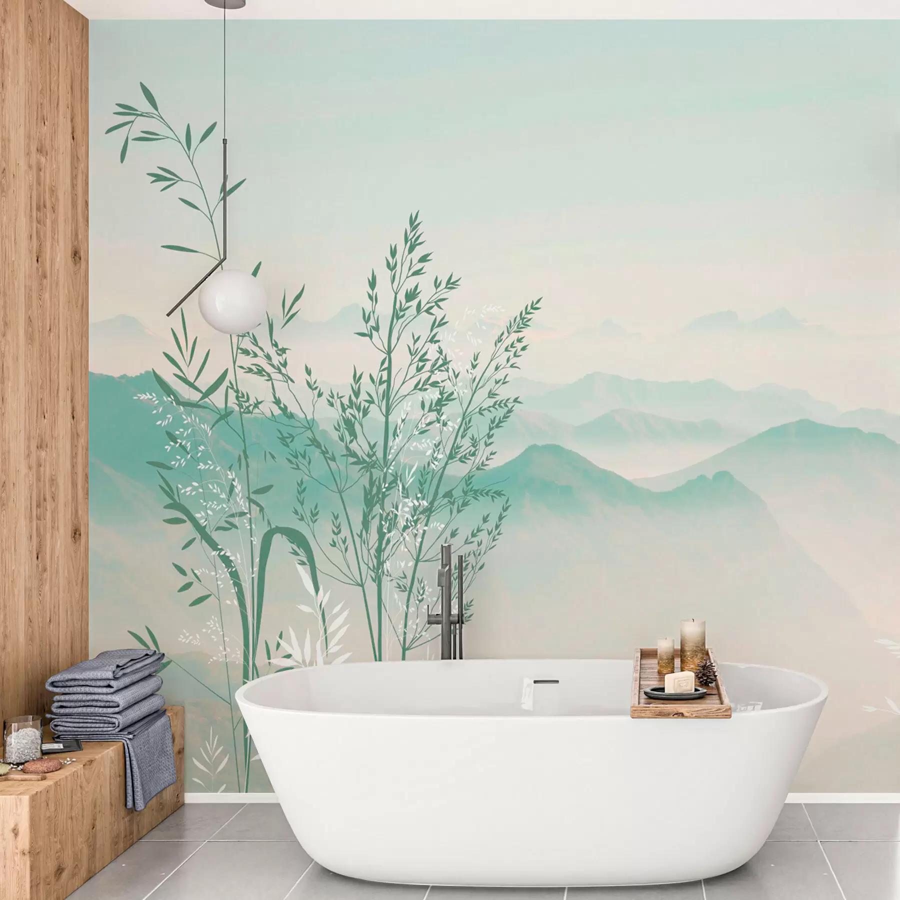 Fotobehang Bergzicht met planten en bloemen groene kleur w07910v4