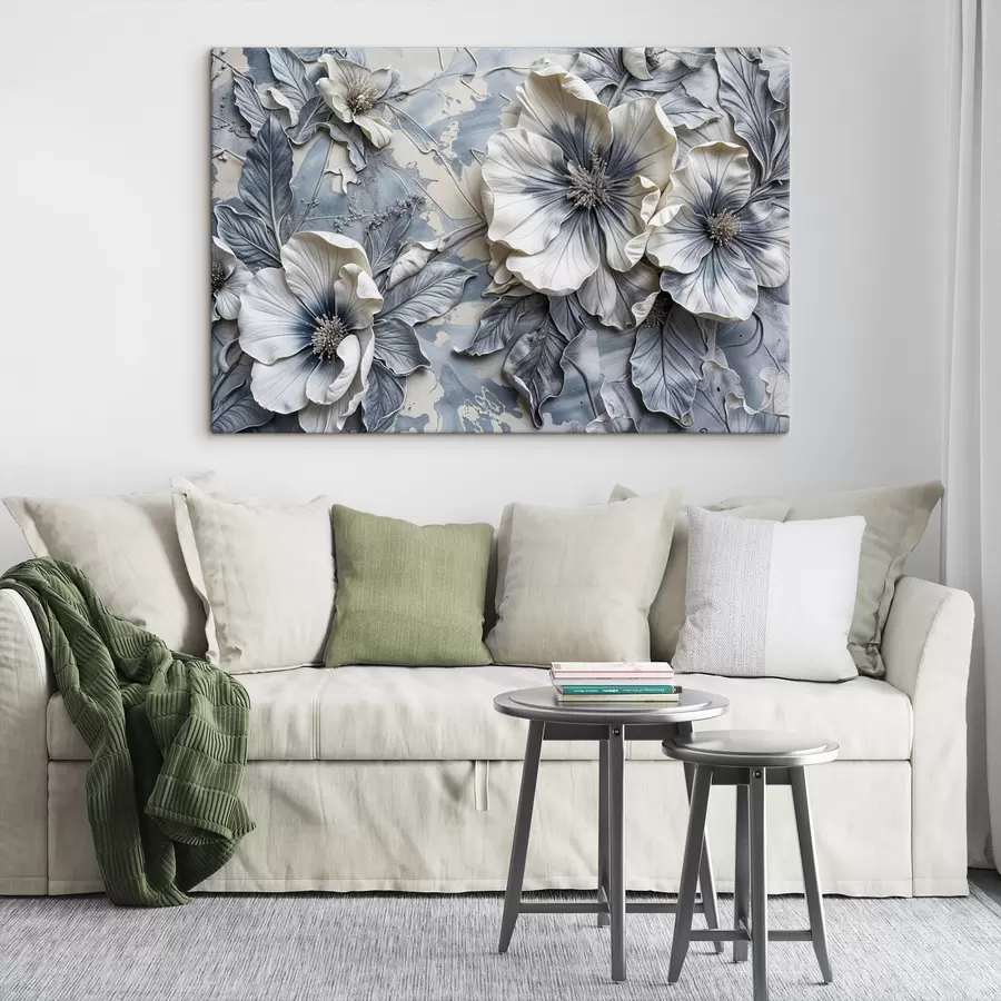  Peintures Grande peinture à l'huile grise et blanche représentant des fleurs aux détails complexes, sur un arrière-plan doux et flou s39385