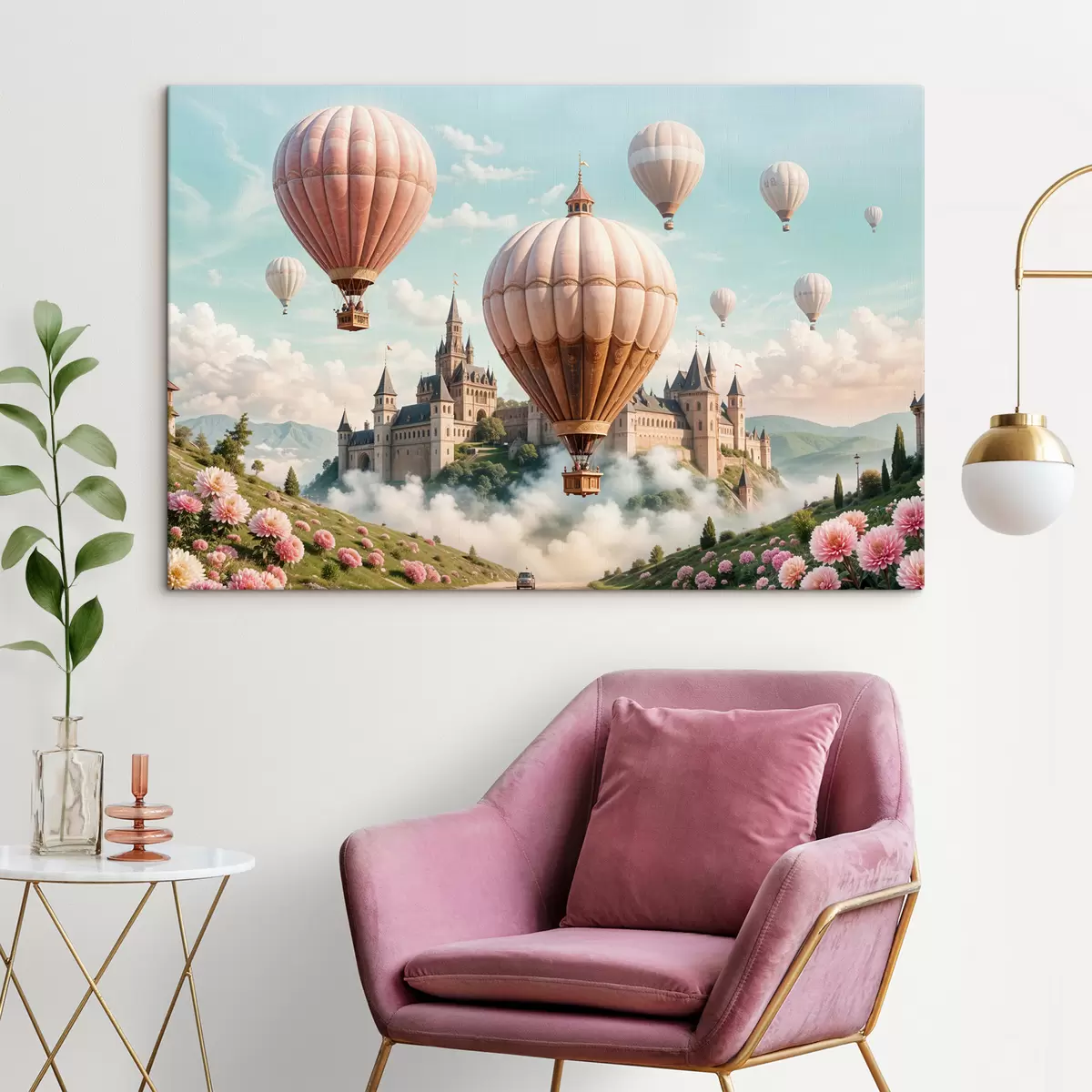  Peintures Un château fantastique entouré de montgolfières roses flottant dans un ciel nuageux au-dessus d'un paysage verdoyant et luxuriant s39387