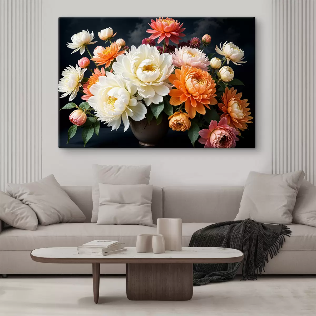 Peintures Un bouquet de fleurs de dahlia vibrantes de différentes couleurs sur fond sombre s39399