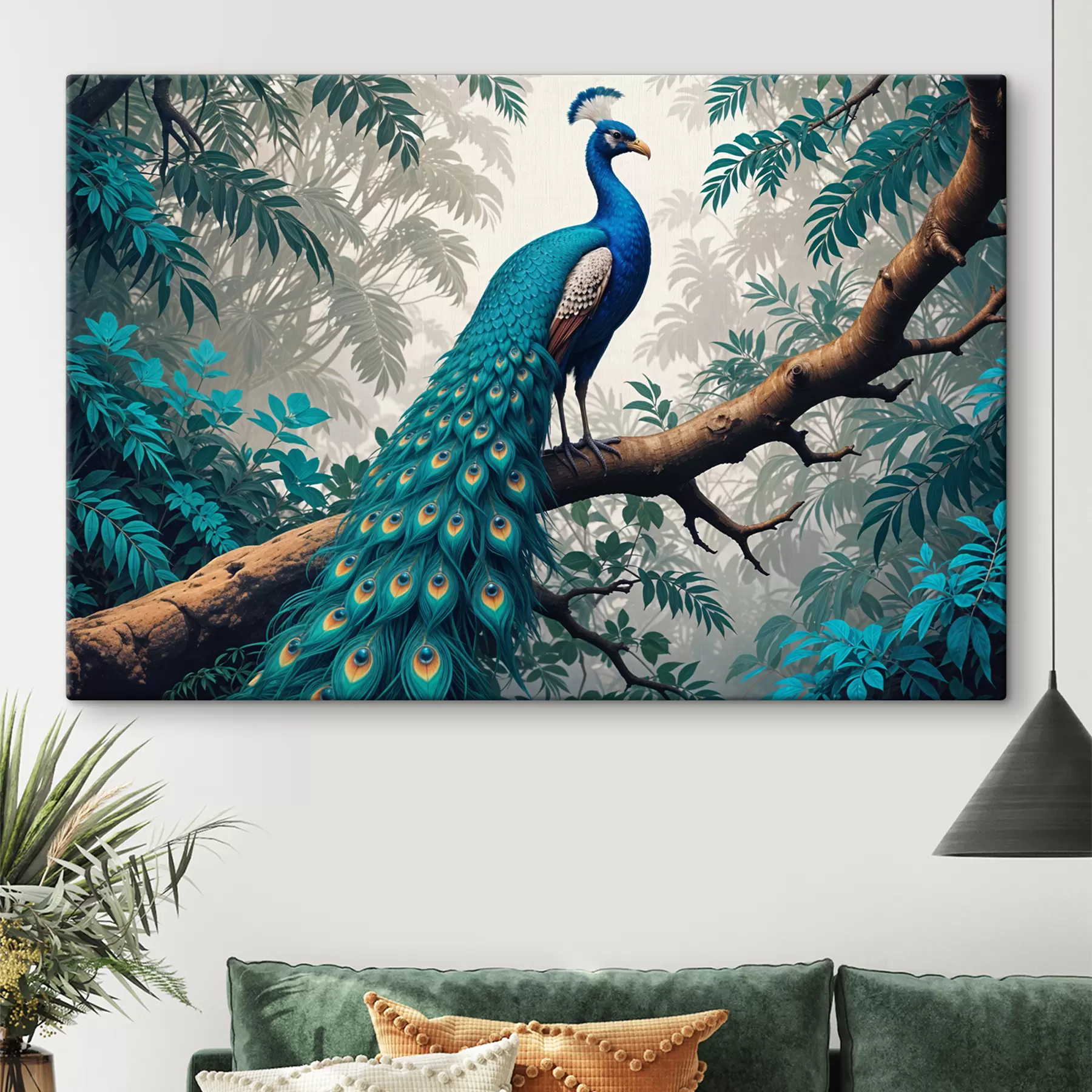  Schilderijen Een levendige blauwe pauw op een boomtak in een weelderig, tropisch bos s39401