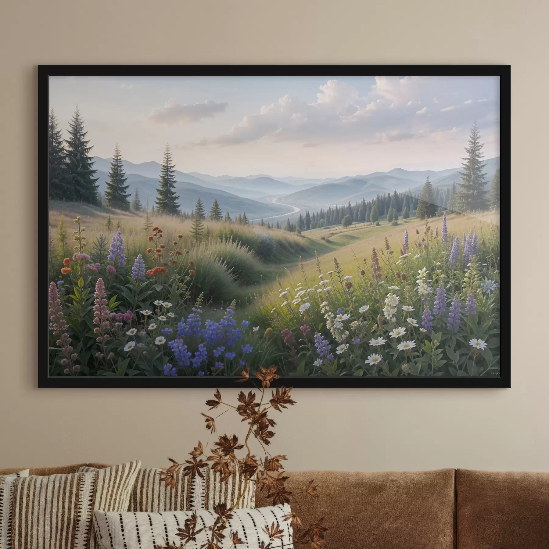 Papier peint photo Paysage de montagne avec une prairie herbeuse au premier plan remplie de fleurs sauvages colorées f39382