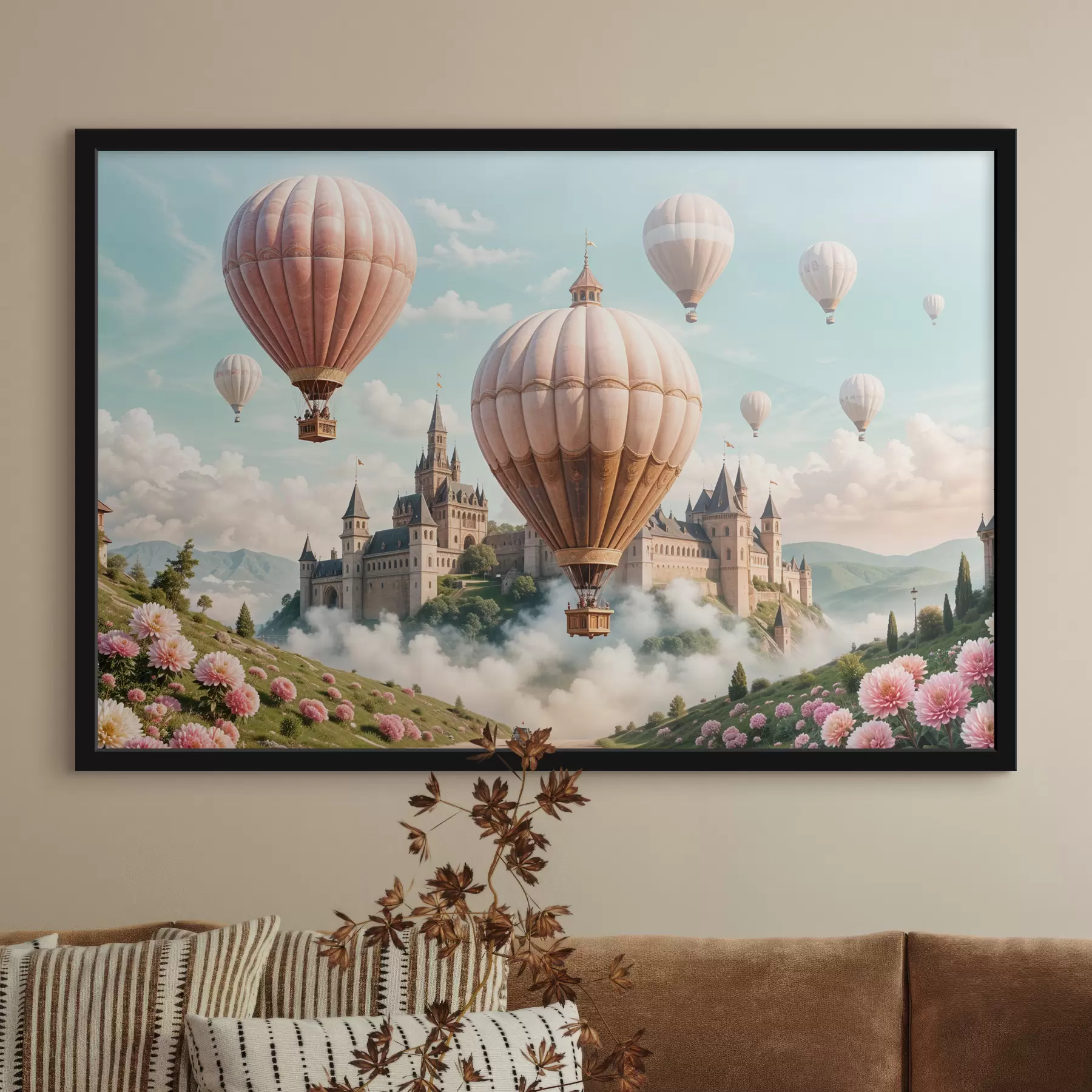 Fotobehang Een fantasiekasteel omringd door roze heteluchtballonnen die in een bewolkte hemel boven een weelderig, groen landschap zweven f39387