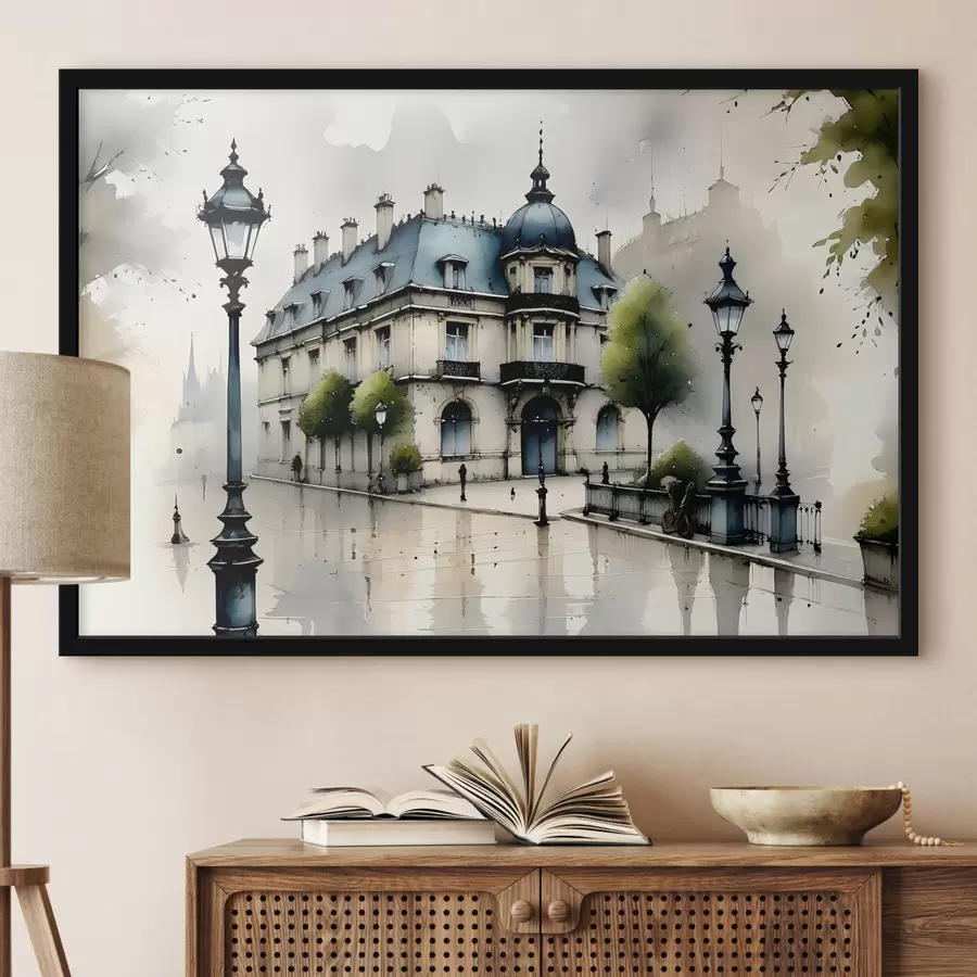 Papier peint photo Un grand bâtiment d'aquarelle entouré de lampadaires et d'arbres, un jour de pluie f39391