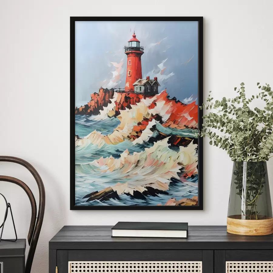 Papier peint photo Peinture d'un phare rouge debout sur une falaise rocheuse, entouré de vagues déferlantes et d'un ciel d'orage f39392