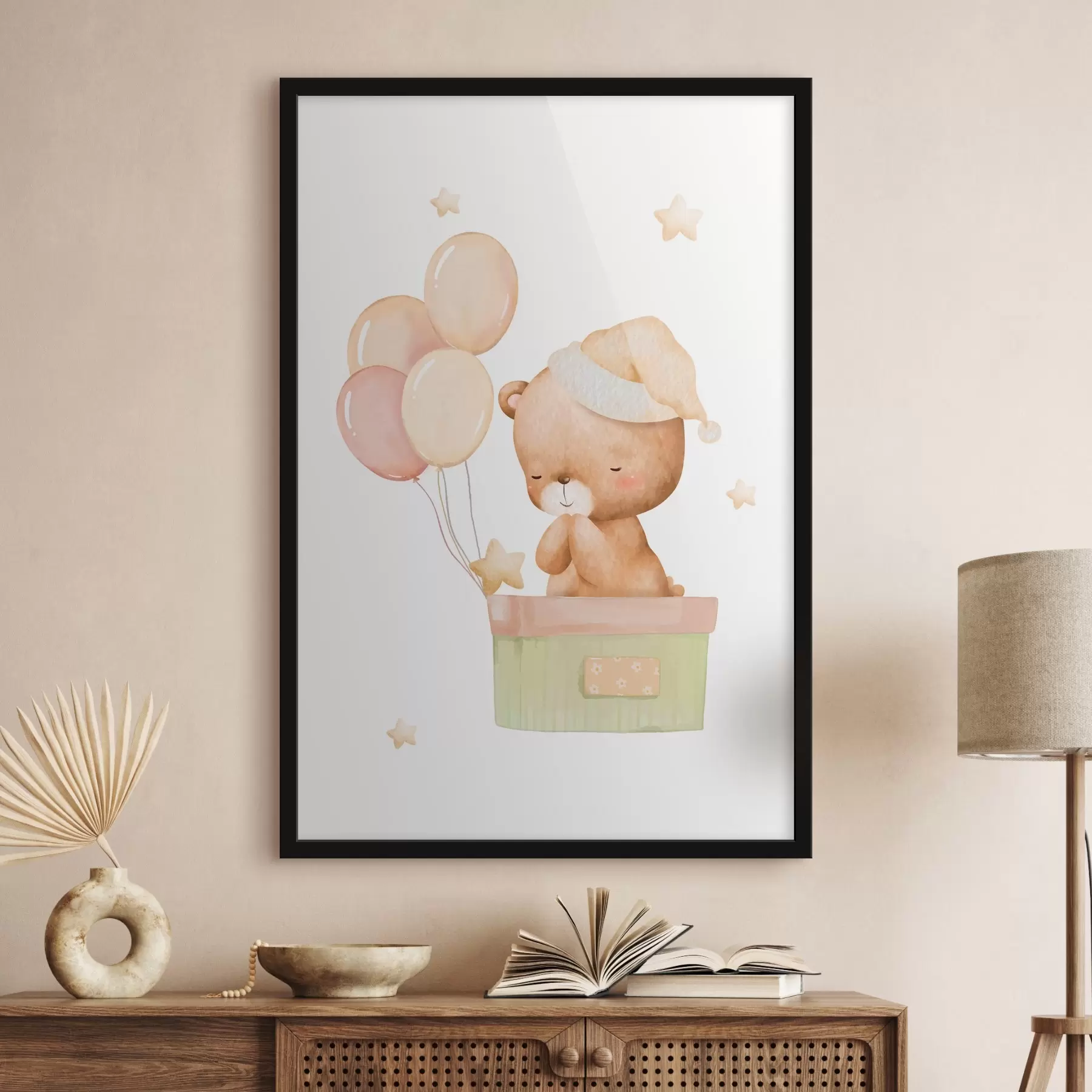 Fotobehang Schattige teddybeer met ballonnen en sterren f37918