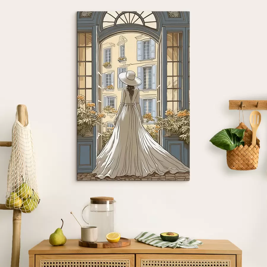  Peintures silhouette d'une jeune fille vêtue d'une robe blanche près de la fenêtre s39479