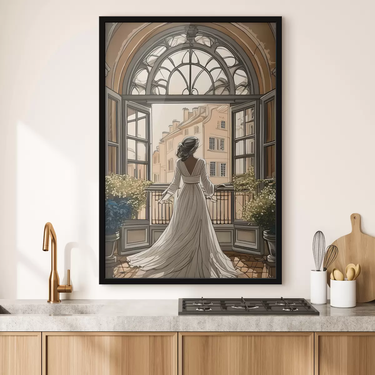 Poster silhouet van een meisje in een witte jurk bij een groot raam f39480