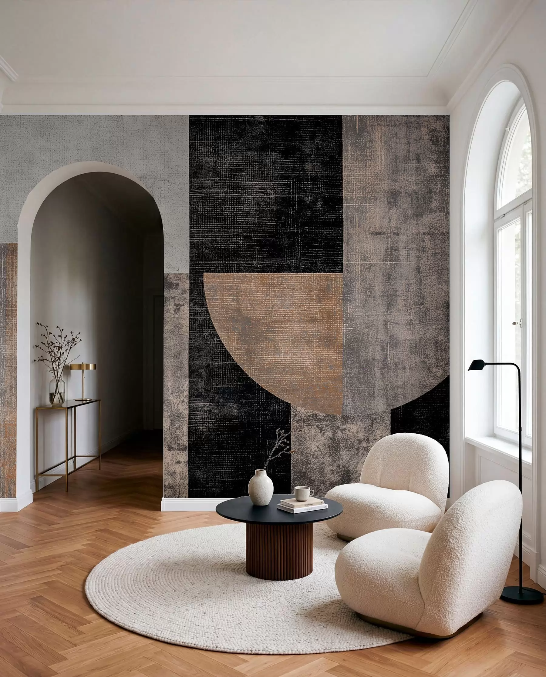 Fotobehang Moderne getextureerde abstractie in zwarte en oranje kleuren w07878