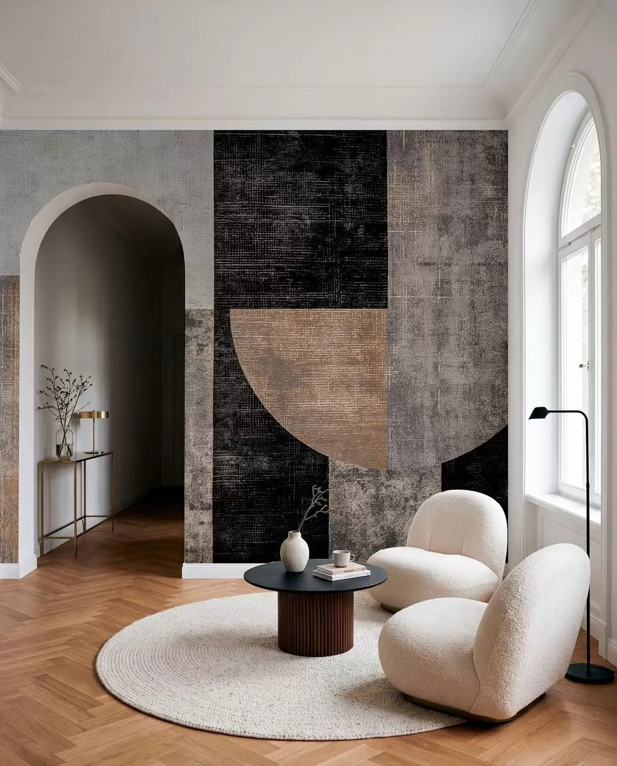 Fotobehang Moderne getextureerde abstractie in zwarte en oranje kleuren w07878