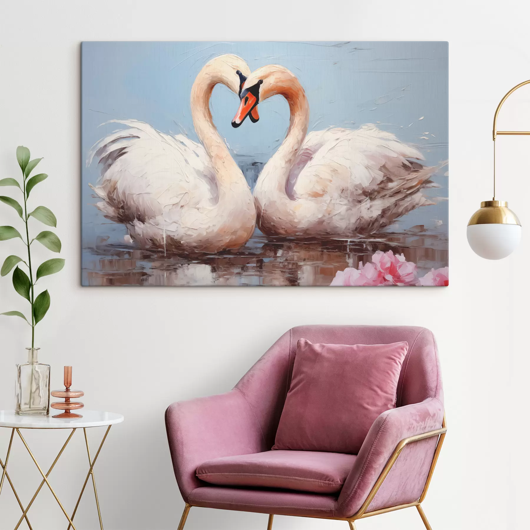 Fotobehang Paar witte zwanen op een vijver, olieverfschilderij s39572