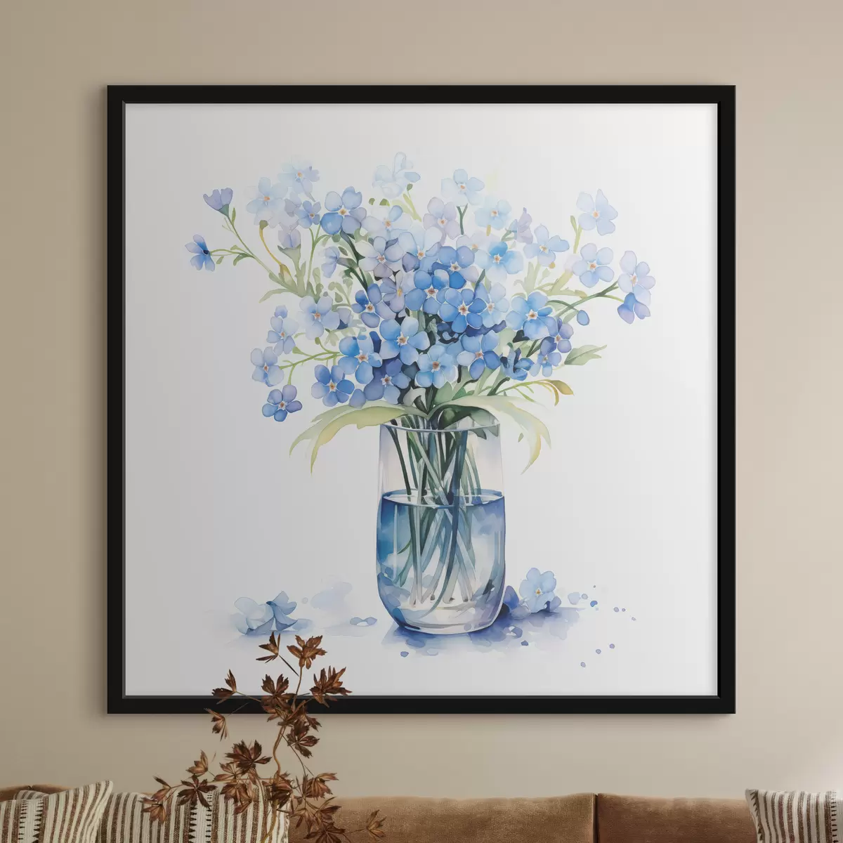 Poster Een boeket blauwe bloemen in transparante aquarel in een vaas f39564