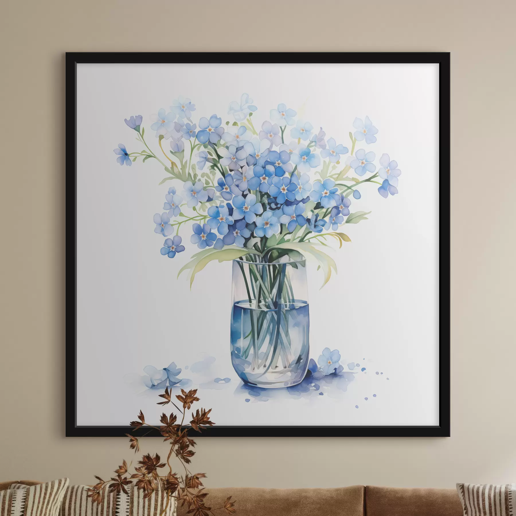 Fotobehang Een boeket blauwe bloemen in transparante aquarel in een vaas f39564