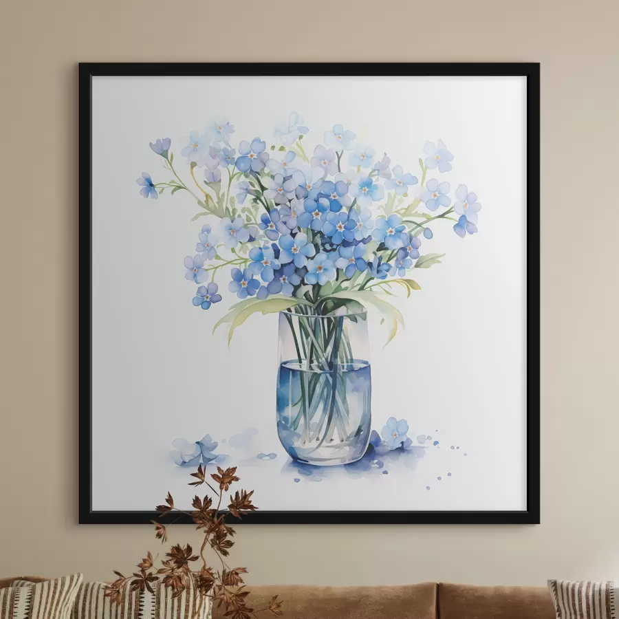 Papier peint photo Bouquet de fleurs bleues en aquarelle transparente dans un vase f39564