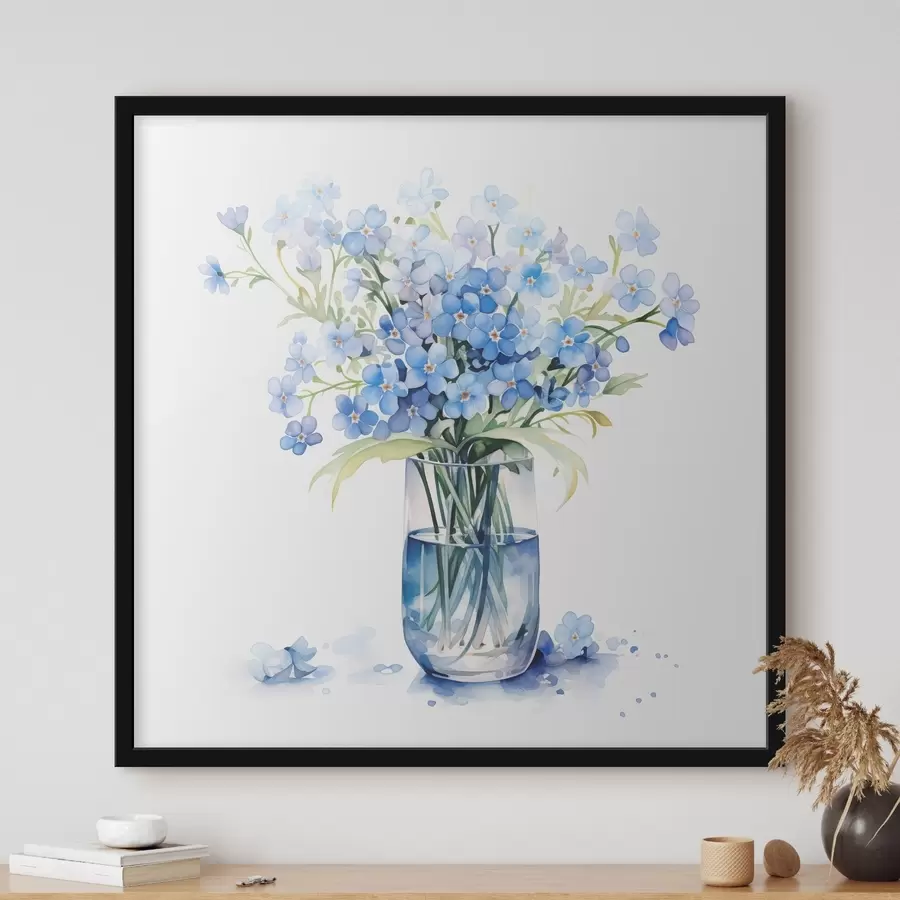 Papier peint photo Bouquet de fleurs bleues en aquarelle transparente dans un vase f39564
