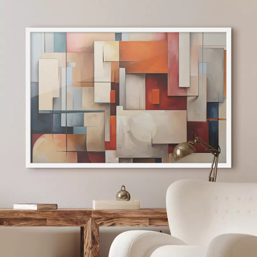 Fotobehang Abstractie in kubismestijl, olieverfschilderij, rode, blauwe, witte kleuren f39571