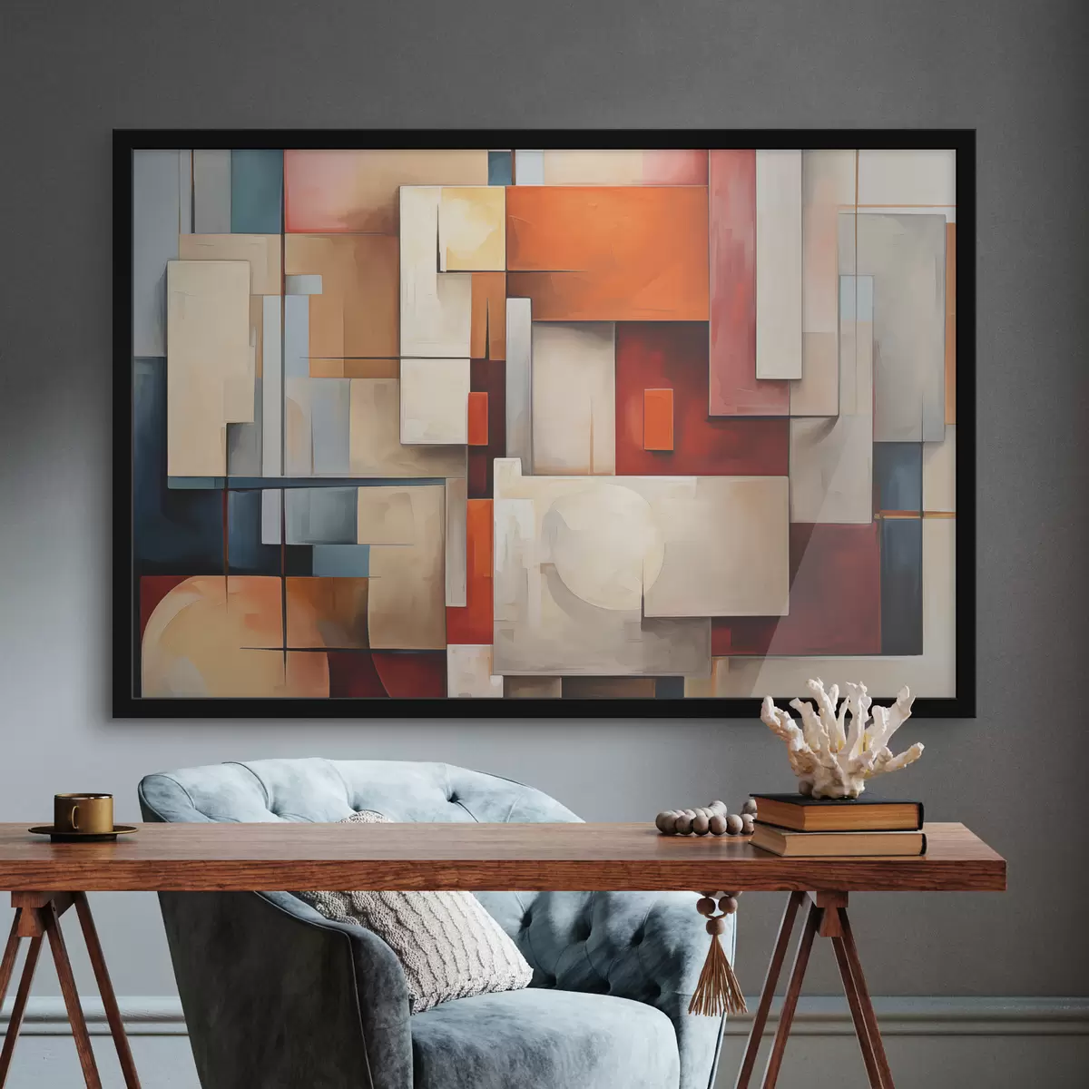 Poster Abstractie in kubismestijl, olieverfschilderij, rode, blauwe, witte kleuren f39571