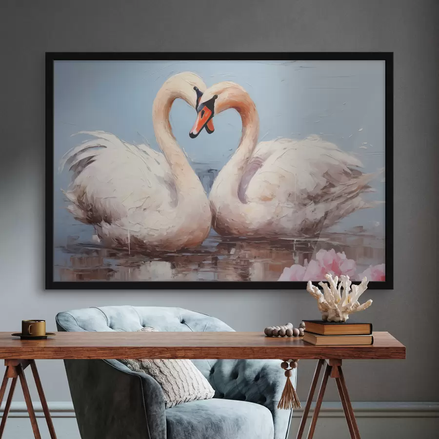 Fotobehang Paar witte zwanen op een vijver, olieverfschilderij f39572