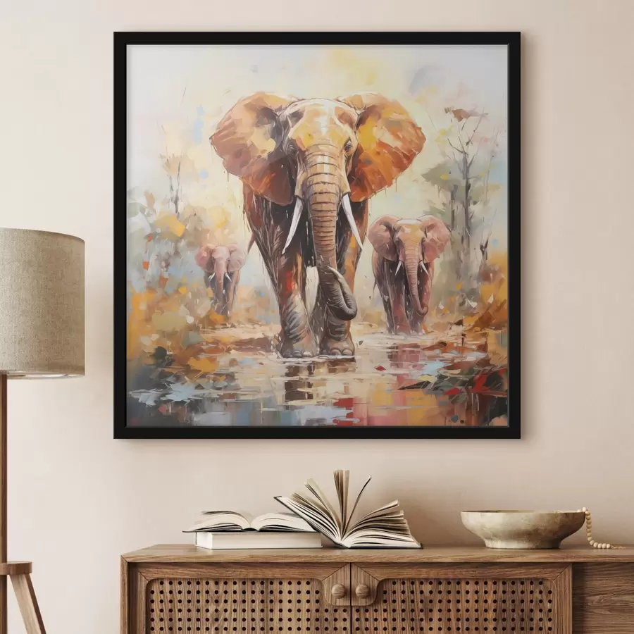 Papier peint photo Troupeau d'éléphants dans la savane, peinture à l'huile, art abstrait f39573