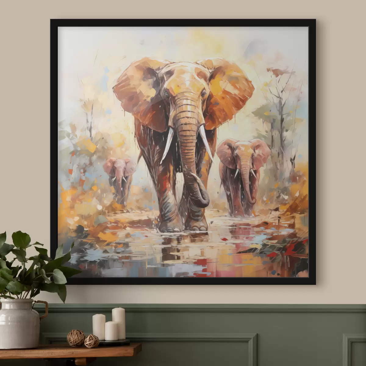 Affiche Troupeau d'éléphants dans la savane, peinture à l'huile, art abstrait f39573