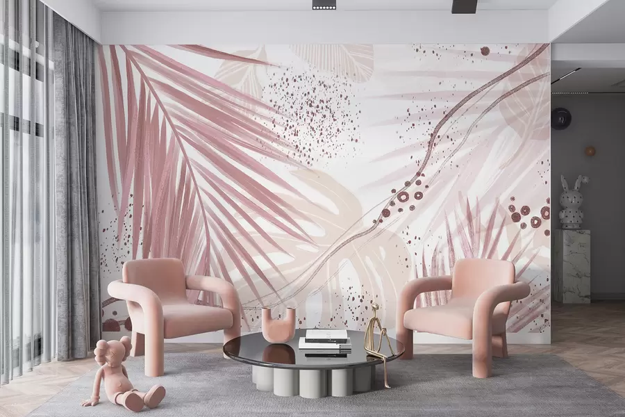Fotobehang Tropische roze palmbladeren en bladeren, met abstracte vormen en spetters in roze en witte tinten w07918v1
