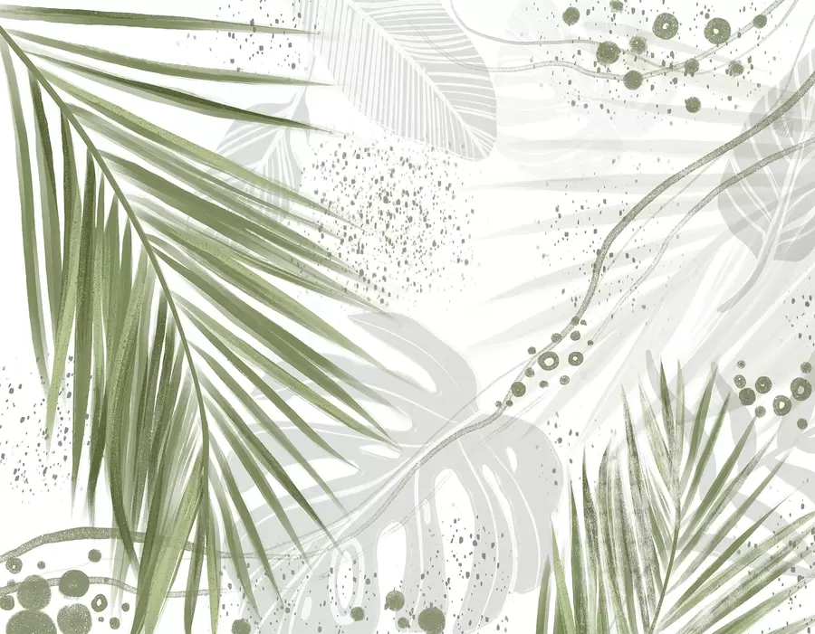 Papier peint photo Feuilles et frondes de palmier vert tropical, avec des formes abstraites et des éclaboussures dans les tons de vert et de blanc w07918
