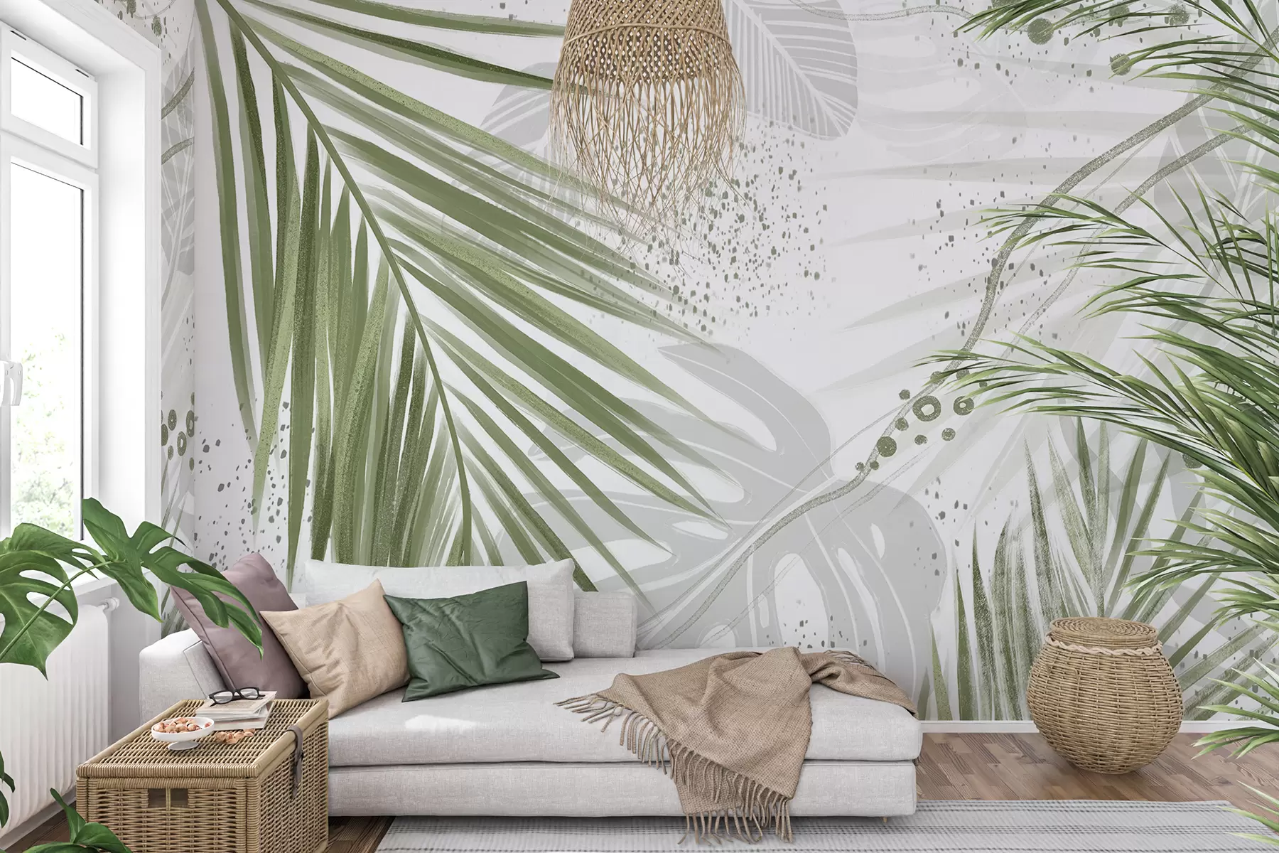 Fotobehang Een tropische groene palmbladeren en bladeren, met abstracte vormen en spetters in tinten groen en wit w07918