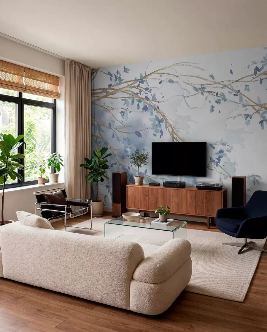 Fotobehang Fijne blauwe en witte bloementakken met zachte, wazige aquarelachtergrond w07919