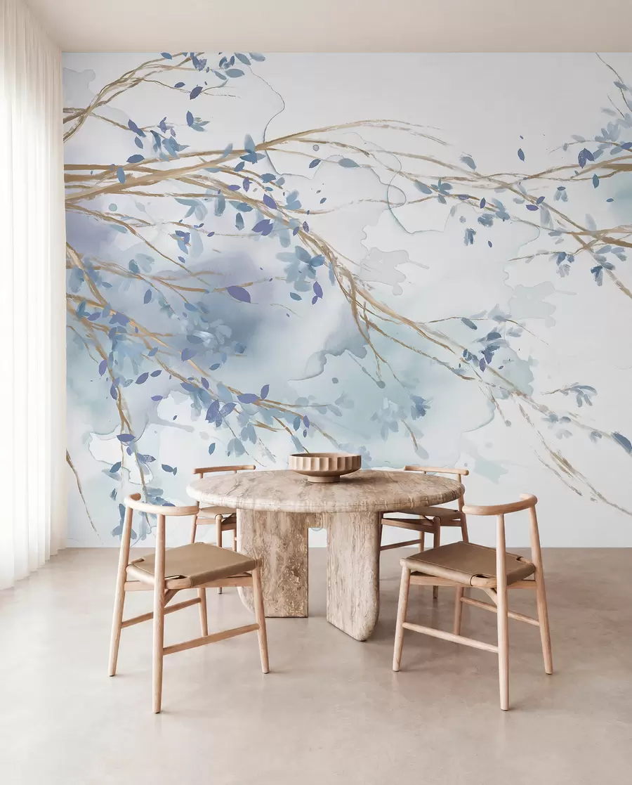 Papier peint photo Branches florales bleues et blanches délicates avec fond aquarelle doux et flou w07919