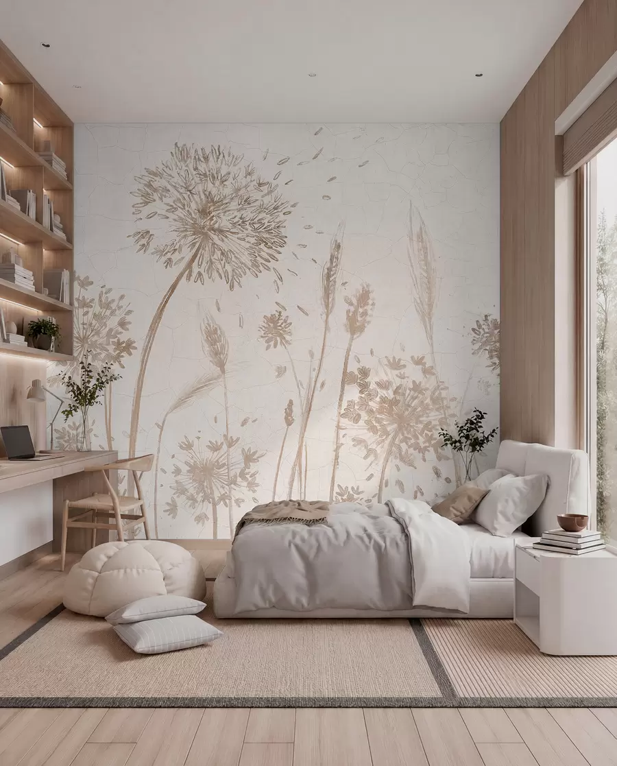Fotobehang Een veld met paardebloemen en andere wilde bloemen tegen een zachte, wazige achtergrond w07921