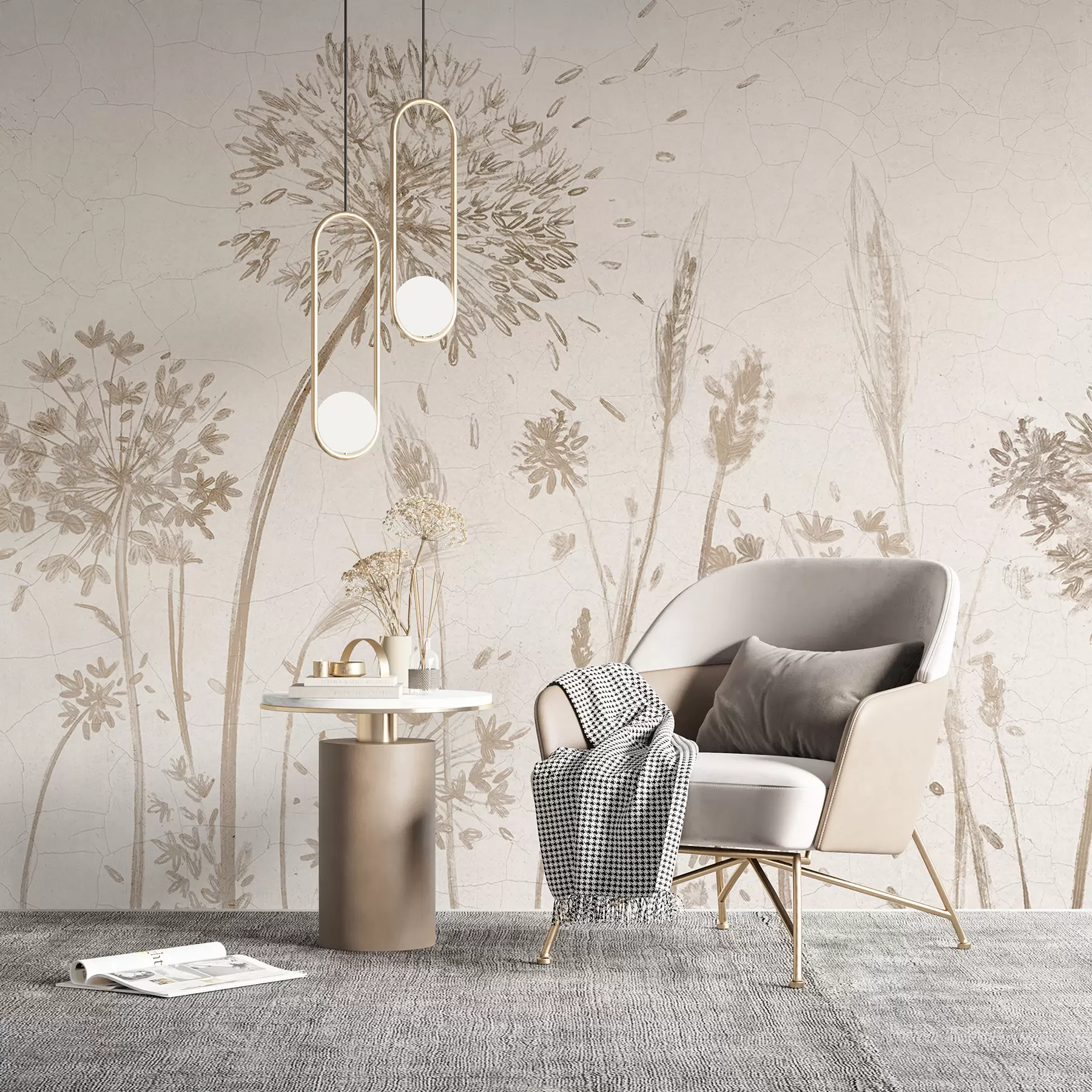 Papier peint photo Un champ de pissenlits et autres fleurs sauvages sur un fond doux et brumeux w07921