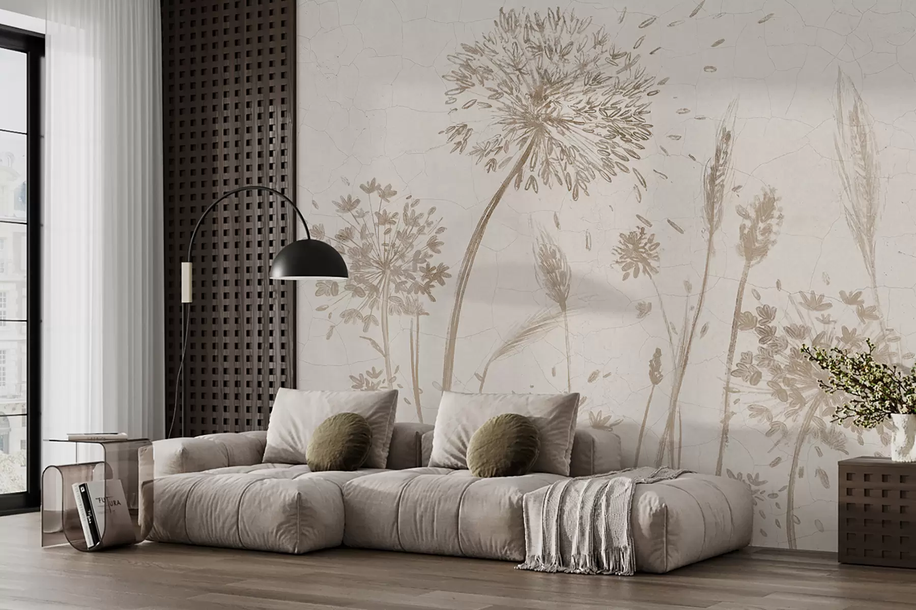 Fotobehang Een veld met paardebloemen en andere wilde bloemen tegen een zachte, wazige achtergrond w07921