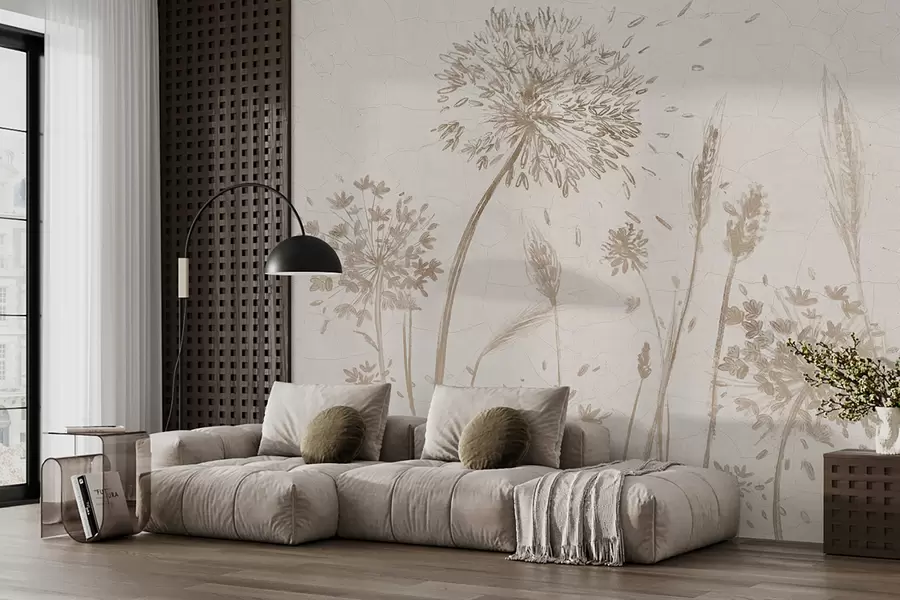 Papier peint photo Un champ de pissenlits et autres fleurs sauvages sur un fond doux et brumeux w07921