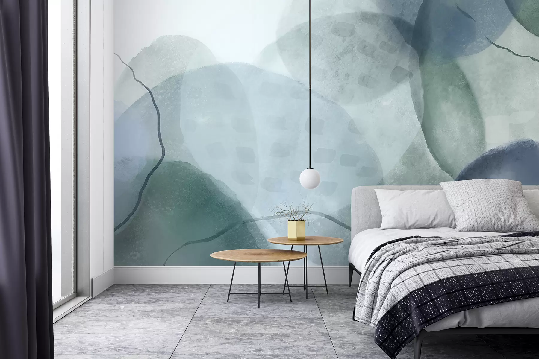 Fotobehang Zachte, aquarelachtige abstracte vormen in de kleuren blauw, groen en wit w07926