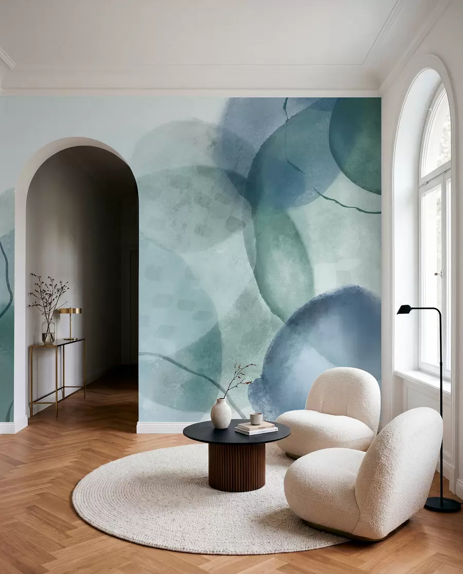 Fotobehang Zachte, aquarelachtige abstracte vormen in de kleuren blauw, groen en wit w07926