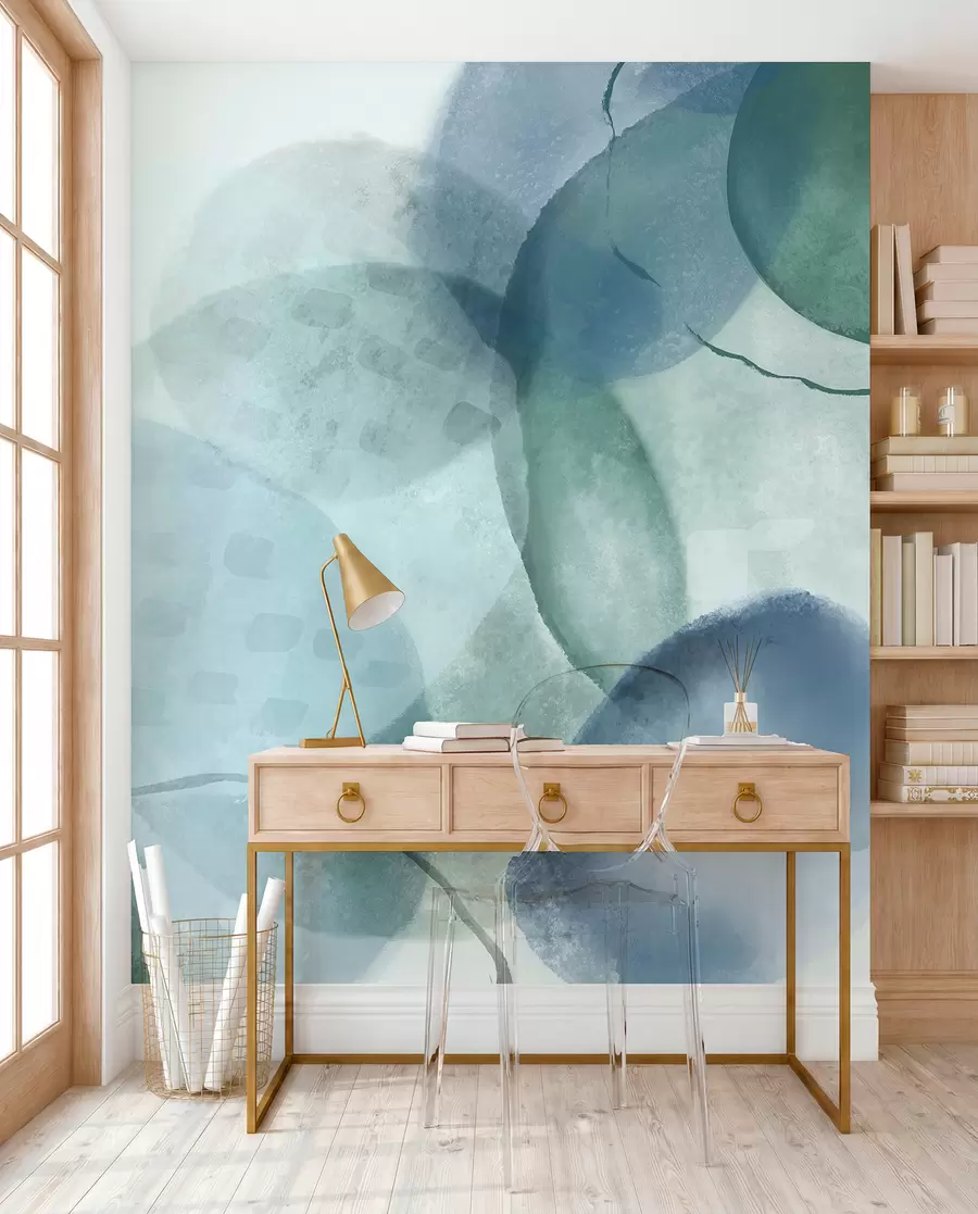 Fotobehang Zachte, aquarelachtige abstracte vormen in de kleuren blauw, groen en wit w07926